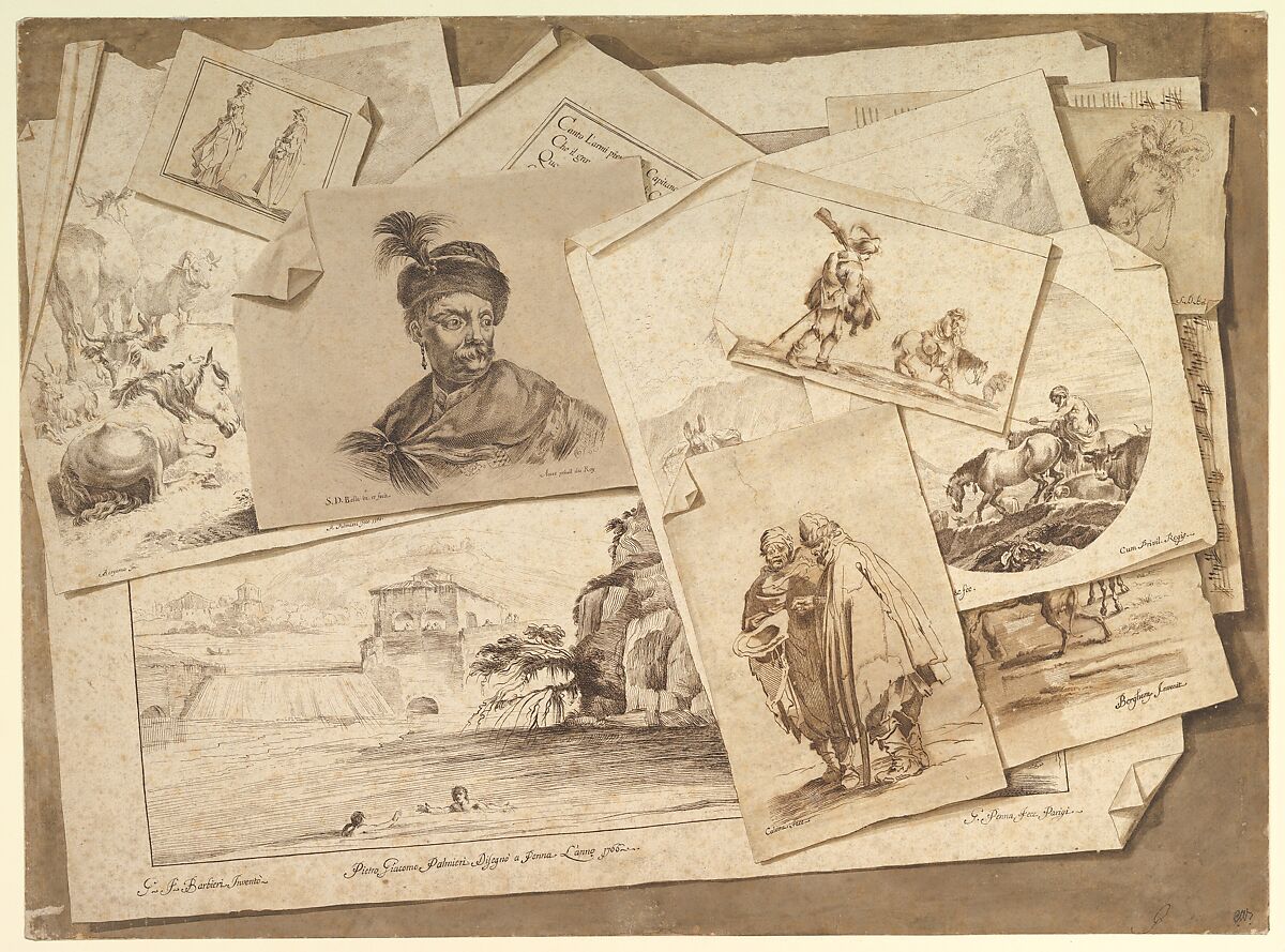 Trompe-l'Oeil Exercise: Prints on a Table Top, Pietro Jacopo Palmieri (Italian, Bologna 1737–1804 Turin), Pen and brown ink, brush and brown wash, over traces of graphite 