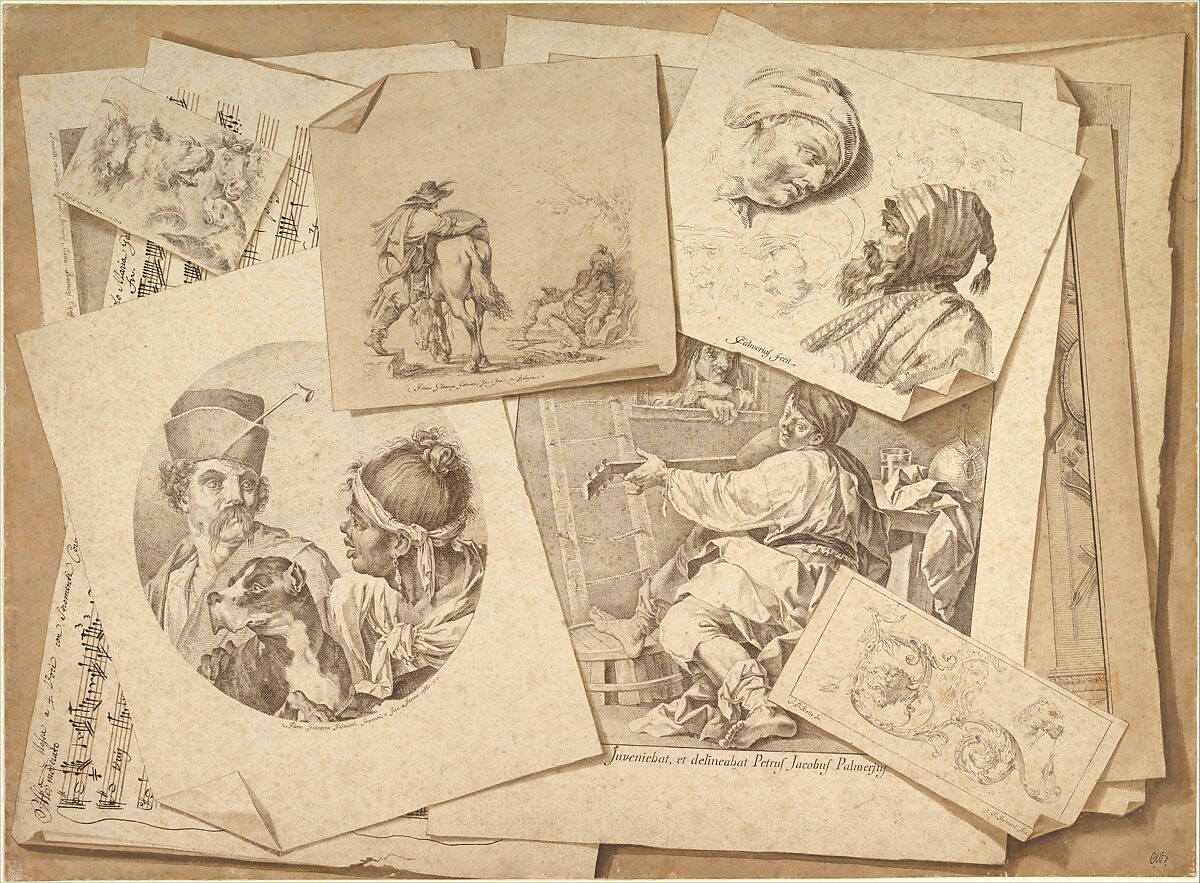 Trompe-l'Oeil Exercise: Prints on a Table Top, Pietro Jacopo Palmieri (Italian, Bologna 1737–1804 Turin), Pen and brown ink, brown wash, over traces of graphite 