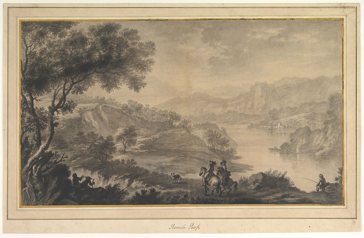 Hilly Landscape with Two Cavaliers and Other Figures in the Foreground, Romolo Panfi (Italian, Florence 1632–1690 Carmignano near Florence), Brush with black and gray wash 