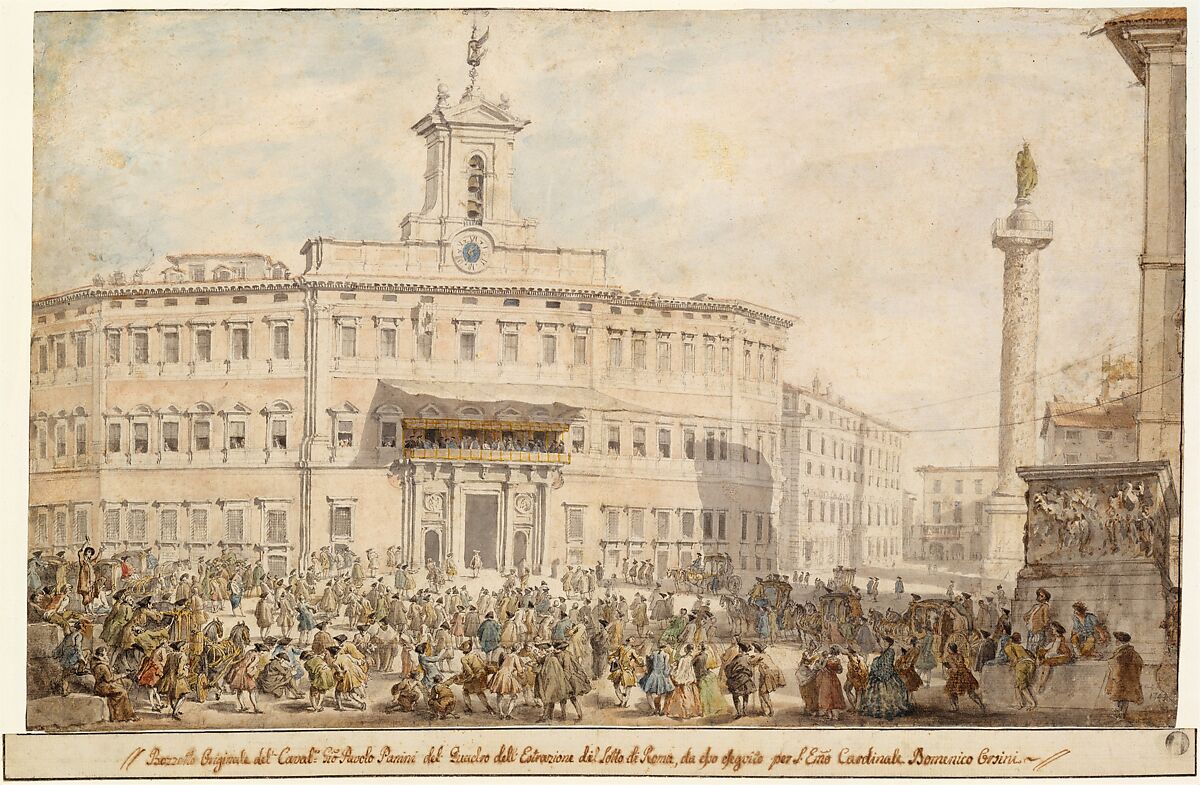 The Lottery in Piazza di Montecitorio, Giovanni Paolo Panini (Italian, Piacenza 1691–1765 Rome), Pen and black ink, watercolor, over graphite; framing lines in pen and black ink at left, right, and upper margins