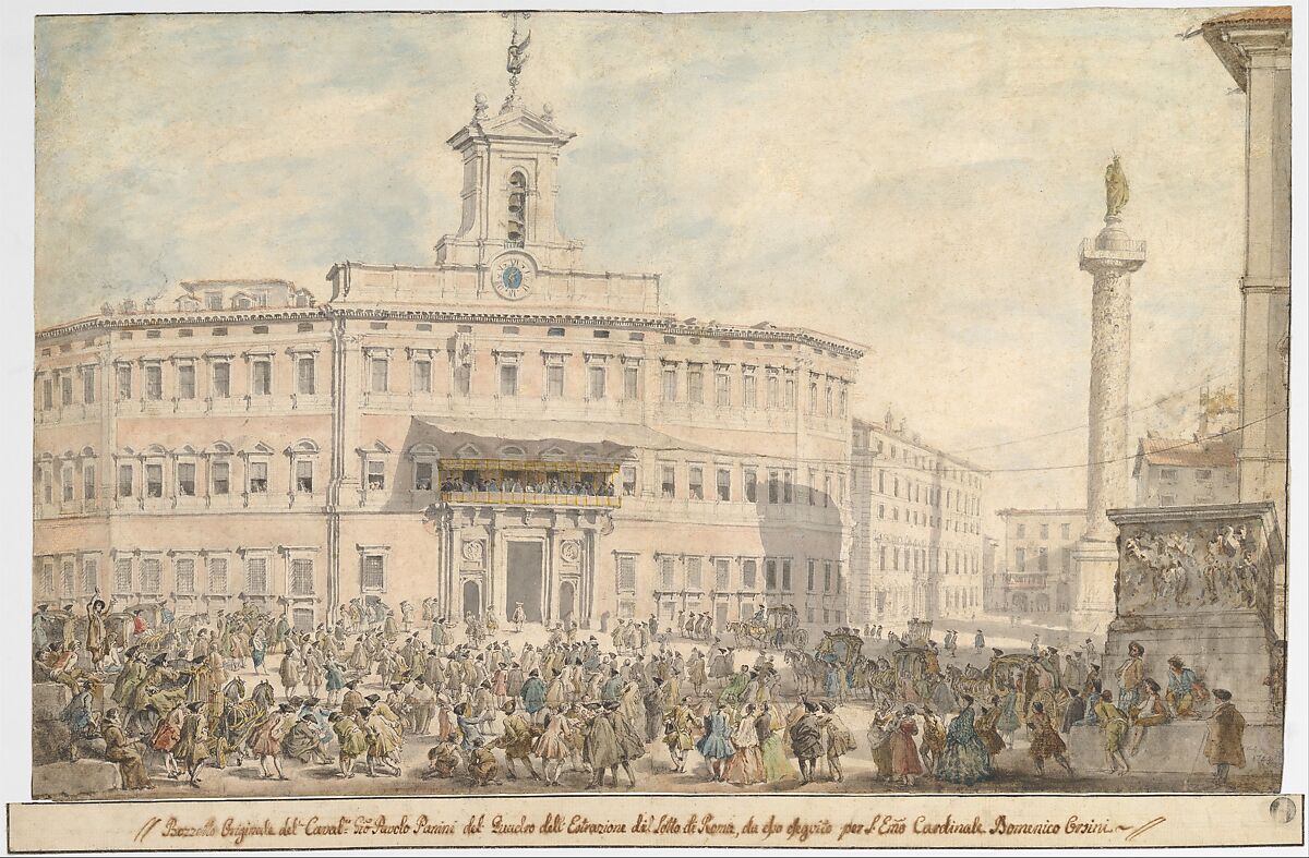 The Lottery in Piazza di Montecitorio, Giovanni Paolo Panini (Italian, Piacenza 1691–1765 Rome), Pen and black ink, watercolor, over graphite; framing lines in pen and black ink at left, right, and upper margins 