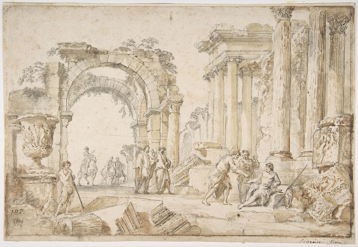 Figures in Classical Ruins, Giovanni Paolo Panini (Italian, Piacenza 1691–1765 Rome), Pen and brown ink, brush and brown and gray wash, over black chalk 
