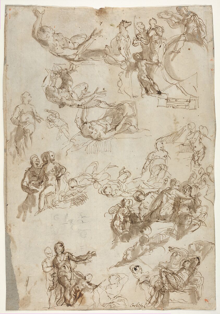 Studies for The Allegories of Love, Paolo Veronese (Paolo Caliari) (Italian, Verona 1528–1588 Venice), Pen and brown ink, brush and brown wash 