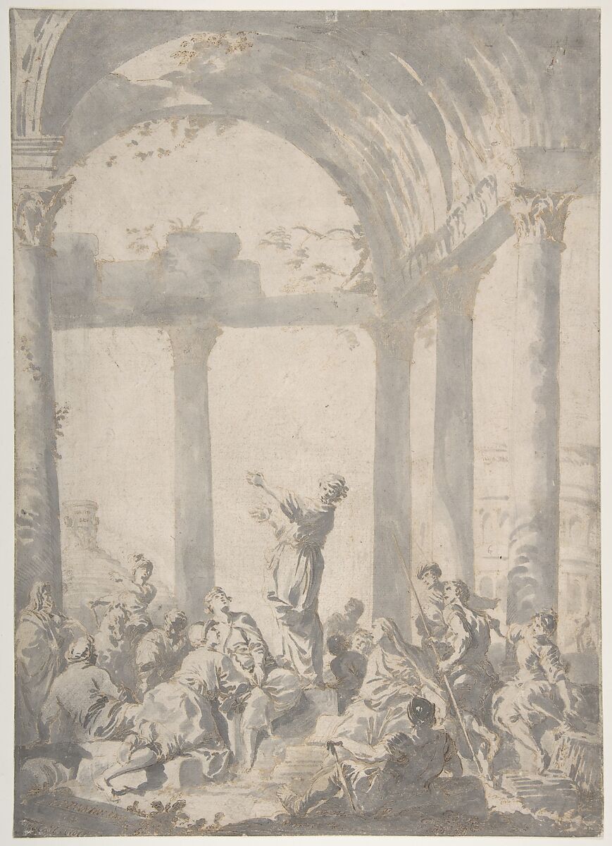Saint Paul Preaching in Athens, Giovanni Paolo Panini (Italian, Piacenza 1691–1765 Rome), Pen and brown ink, brush and pale gray wash, over graphite 