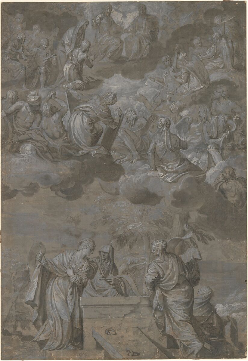 Allegory of the Redemption of the World, Paolo Veronese (Paolo Caliari) (Italian, Verona 1528–1588 Venice), Pen and black ink, brush and gray wash, highlighted with white gouache, on gray washed paper 