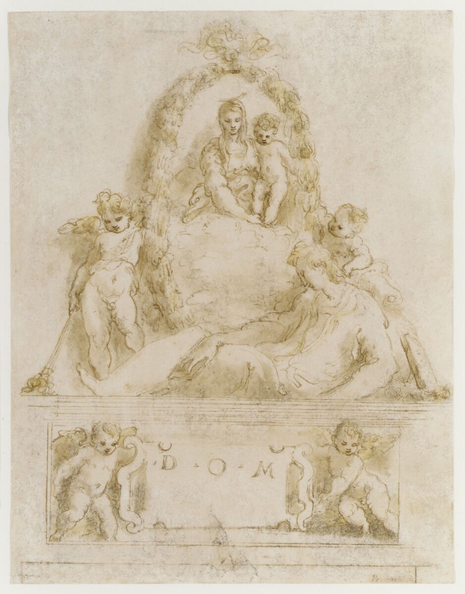 Design for the Tomb of a Youth, Parmigianino (Girolamo Francesco Maria Mazzola) (Italian, Parma 1503–1540 Casalmaggiore), Pen and brown ink, brush and brown and yellow wash, over leadpoint and stylus ruling, the paper rubbed with charcoal