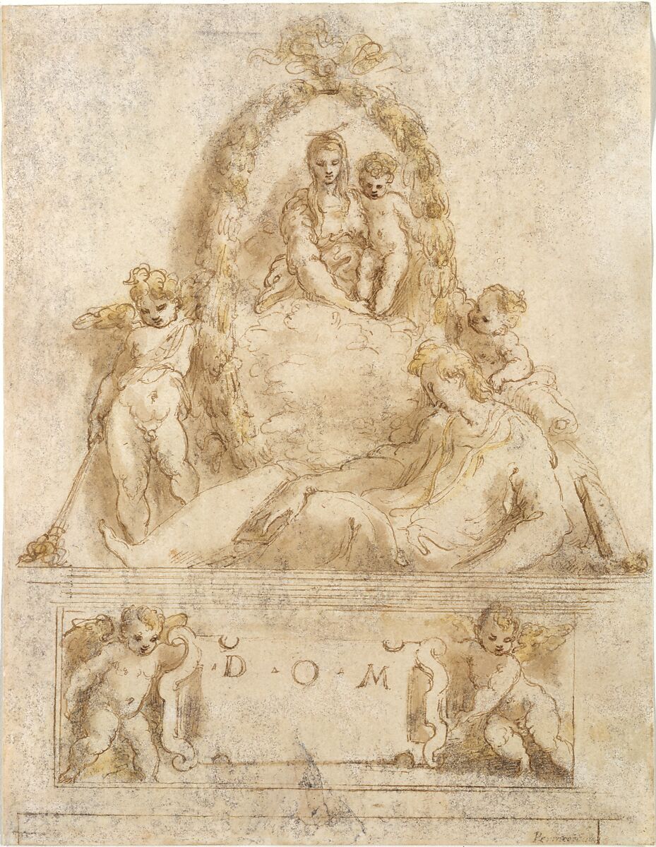 Design for the Tomb of a Youth, Parmigianino (Girolamo Francesco Maria Mazzola) (Italian, Parma 1503–1540 Casalmaggiore), Pen and brown ink, brush and brown and yellow wash, over leadpoint and stylus ruling, the paper rubbed with charcoal