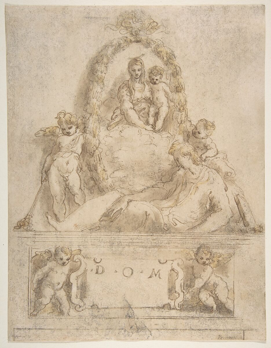 Design for the Tomb of a Youth, Parmigianino (Girolamo Francesco Maria Mazzola) (Italian, Parma 1503–1540 Casalmaggiore), Pen and brown ink, brush and brown and yellow wash, over leadpoint and stylus ruling, the paper rubbed with charcoal 