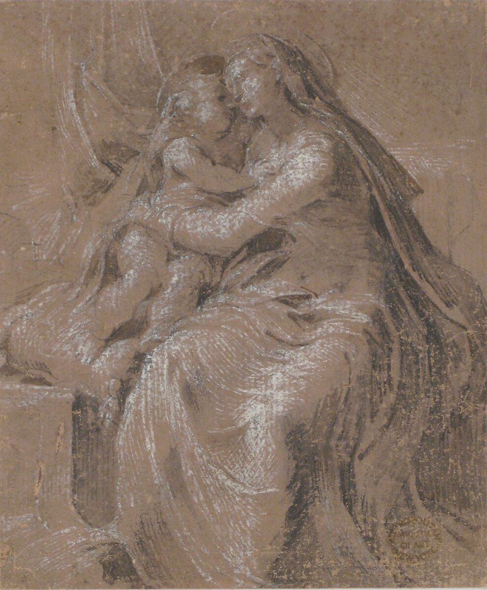 Madonna and Child (recto); Head and Bust of Saint John the Evangelist  (verso), Parmigianino (Girolamo Francesco Maria Mazzola) (Italian, Parma 1503–1540 Casalmaggiore), Brush and gray wash, highlighted with white gouache, over black chalk on brownish prepared paper (recto); black chalk, highlighted with white gouache (verso)