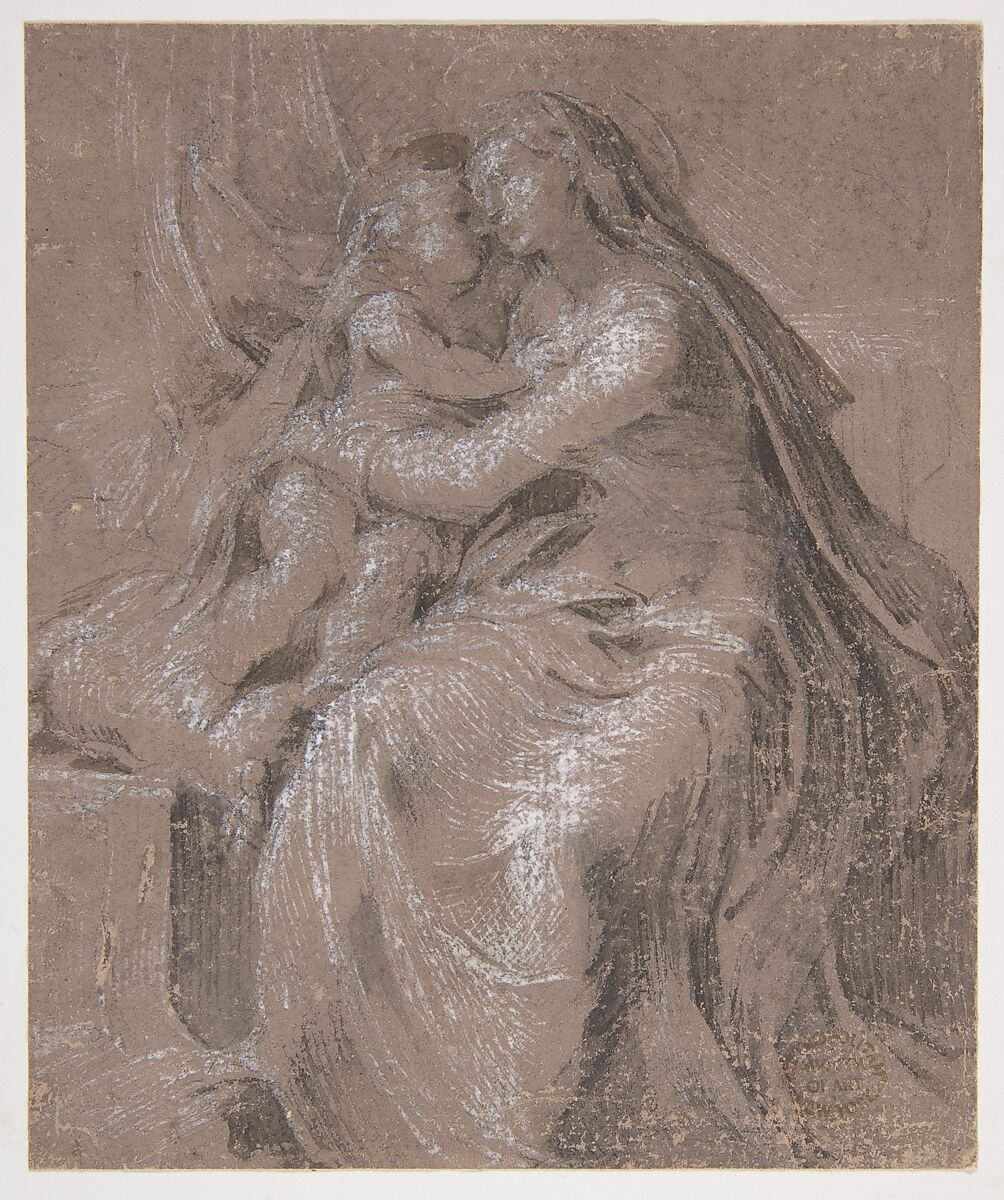 Madonna and Child (recto); Head and Bust of Saint John the Evangelist  (verso), Parmigianino (Girolamo Francesco Maria Mazzola) (Italian, Parma 1503–1540 Casalmaggiore), Brush and gray wash, highlighted with white gouache, over black chalk on brownish prepared paper (recto); black chalk, highlighted with white gouache (verso) 