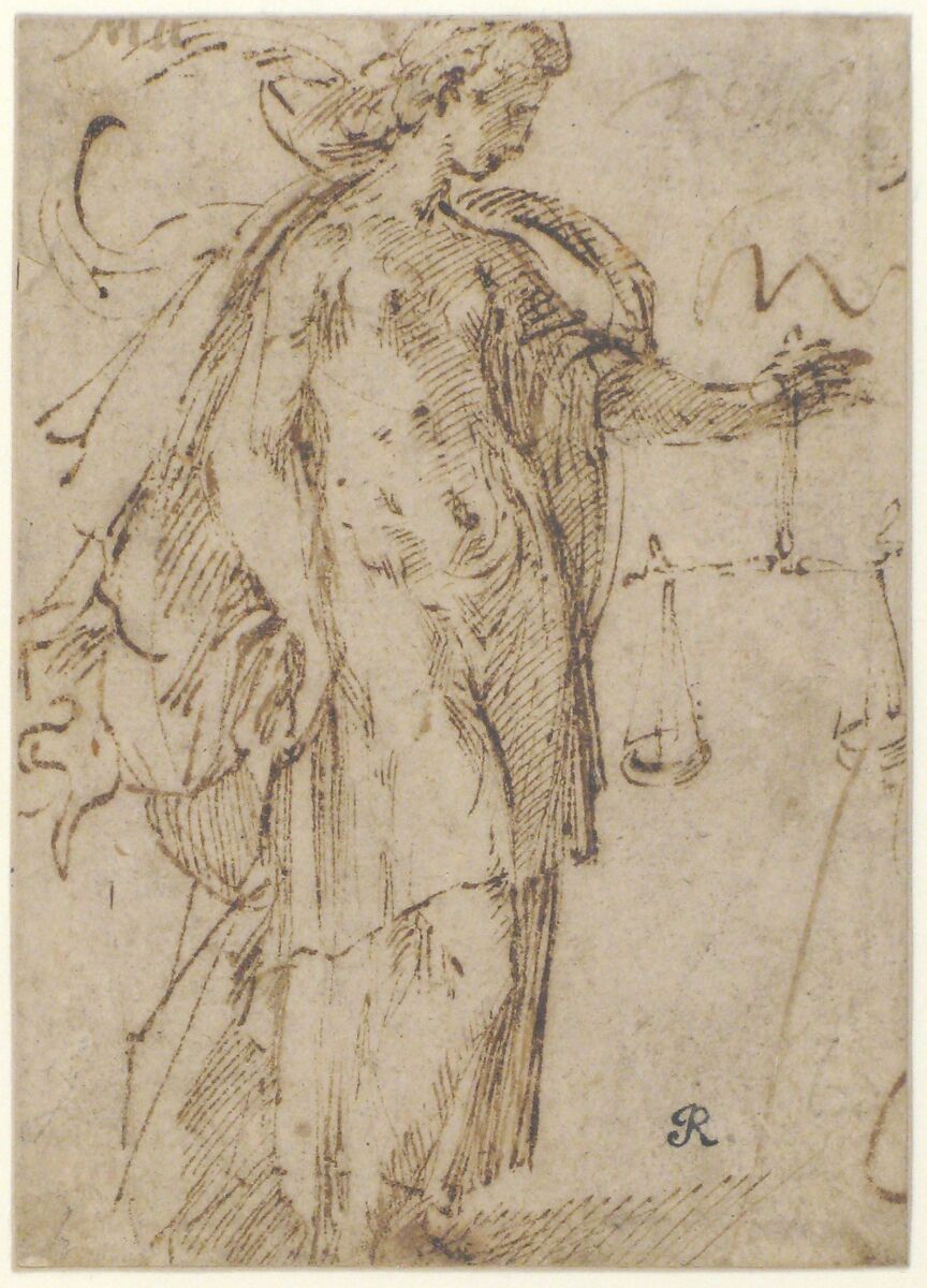 Justice Holding Scales, Parmigianino (Girolamo Francesco Maria Mazzola) (Italian, Parma 1503–1540 Casalmaggiore), Pen and brown ink