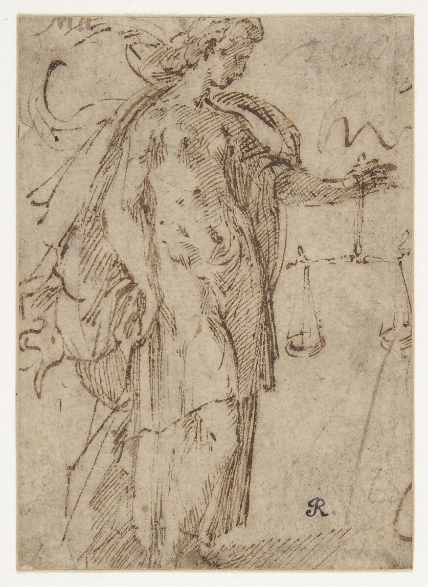 Justice Holding Scales, Parmigianino (Girolamo Francesco Maria Mazzola) (Italian, Parma 1503–1540 Casalmaggiore), Pen and brown ink 