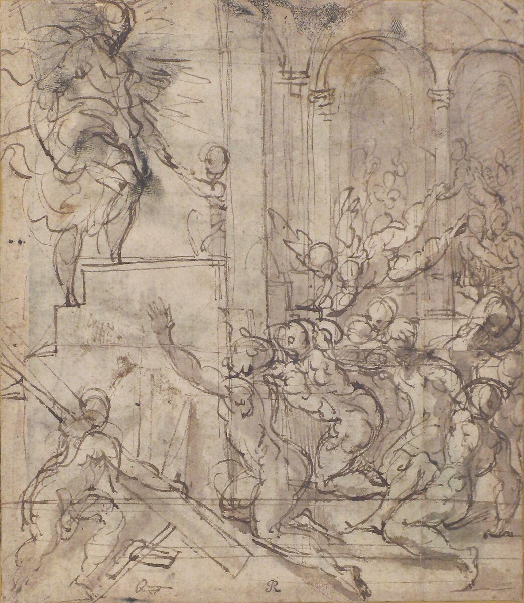 Apparition of Christ (recto); Printed Fragment with Jupiter Enthroned with Eagle, from Caraglio's "Martyrdom of Saint Peter and Saint Paul" (verso), Parmigianino (Girolamo Francesco Maria Mazzola) (Italian, Parma 1503–1540 Casalmaggiore), Pen and brown ink, brush and gray-brown wash, over traces of leadpoint and some stylus ruling (recto); printed Jupiter enthroned with attendant eagle (verso), a proof impression of the upper right corner of Caraglio's engraving "The Martyrdom of St. Peter and St. Paul," after Parmigianino (Bartsch, XV, p. 71, no. 8) 