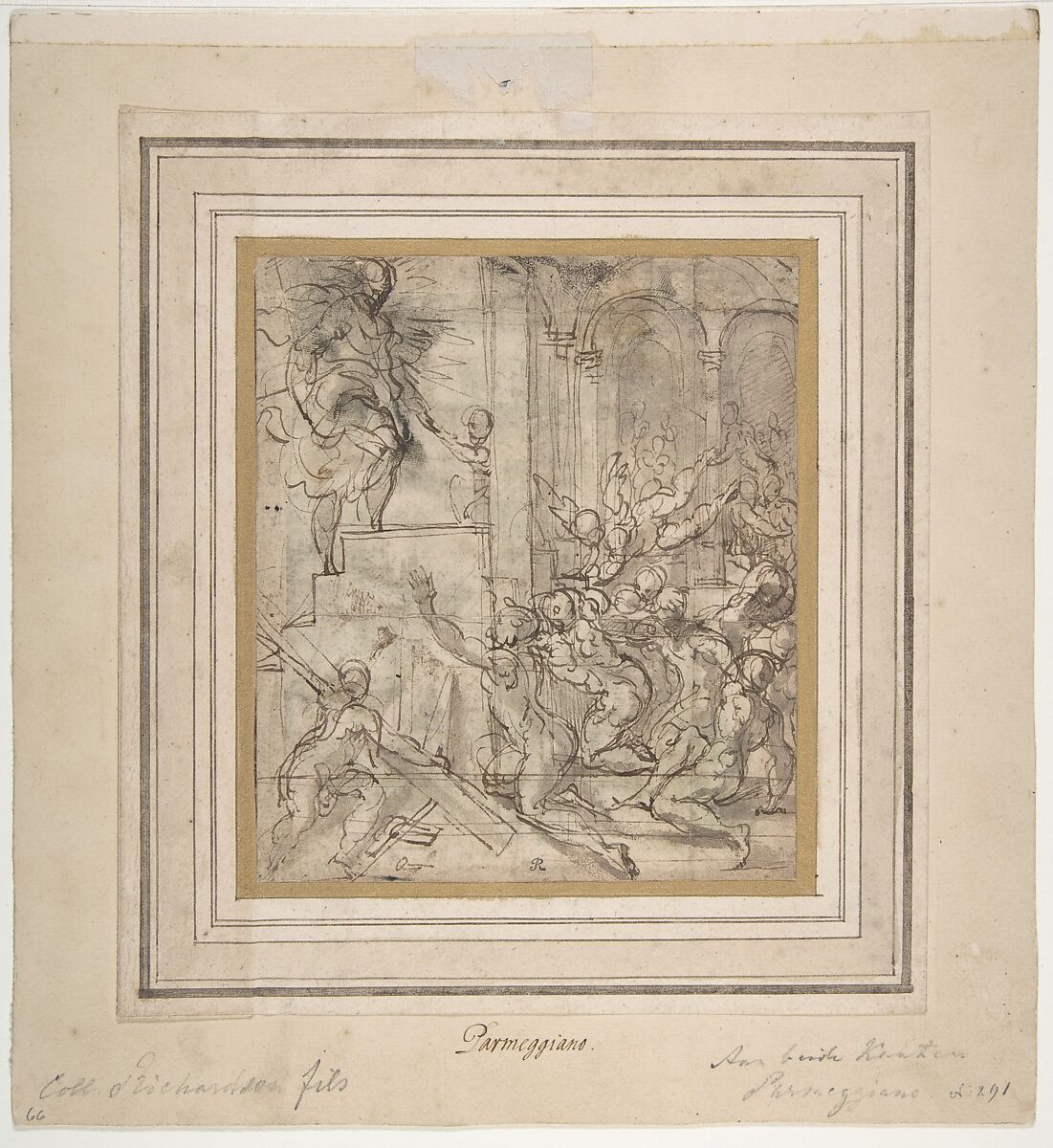 Apparition of Christ (recto); Printed Fragment with Jupiter Enthroned with Eagle, from Caraglio's "Martyrdom of Saint Peter and Saint Paul" (verso), Parmigianino (Girolamo Francesco Maria Mazzola) (Italian, Parma 1503–1540 Casalmaggiore), Pen and brown ink, brush and gray-brown wash, over traces of leadpoint and some stylus ruling (recto); printed Jupiter enthroned with attendant eagle (verso)