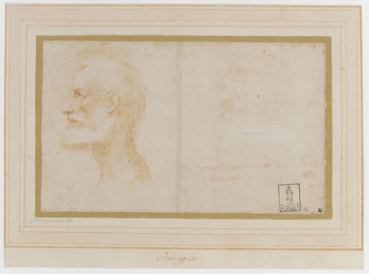 Head of a Bearded Man in Profile to Left, possibly the Portrait of the Poet Giorgio Anselmi (ca. 1459-1528), with Faint Sketch of a Skull-like Head, Parmigianino (Girolamo Francesco Maria Mazzola) (Italian, Parma 1503–1540 Casalmaggiore), Red chalk, the head at the left over a stylus sketch