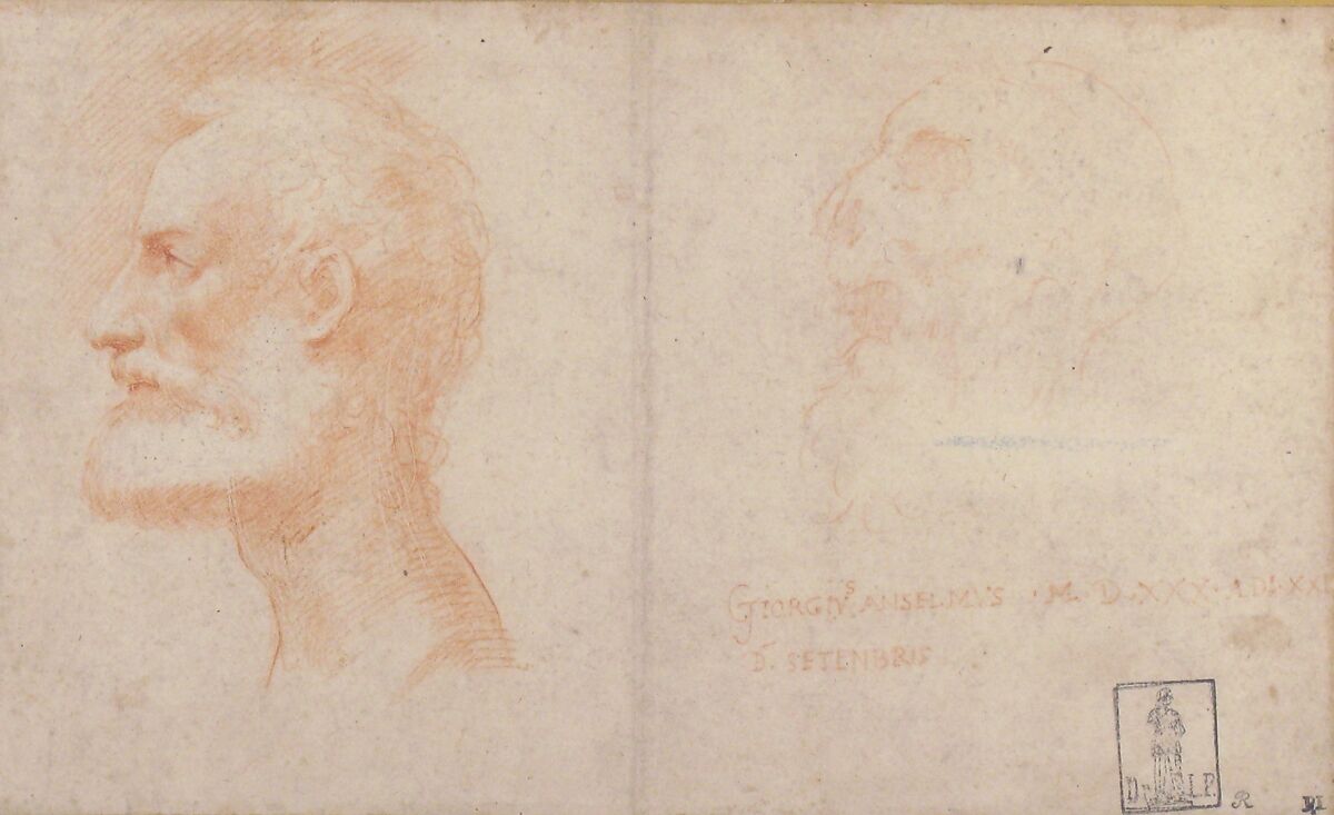 Head of a Bearded Man in Profile to Left, possibly the Portrait of the Poet Giorgio Anselmi (ca. 1459-1528), with Faint Sketch of a Skull-like Head, Parmigianino (Girolamo Francesco Maria Mazzola) (Italian, Parma 1503–1540 Casalmaggiore), Red chalk, the head at the left over a stylus sketch