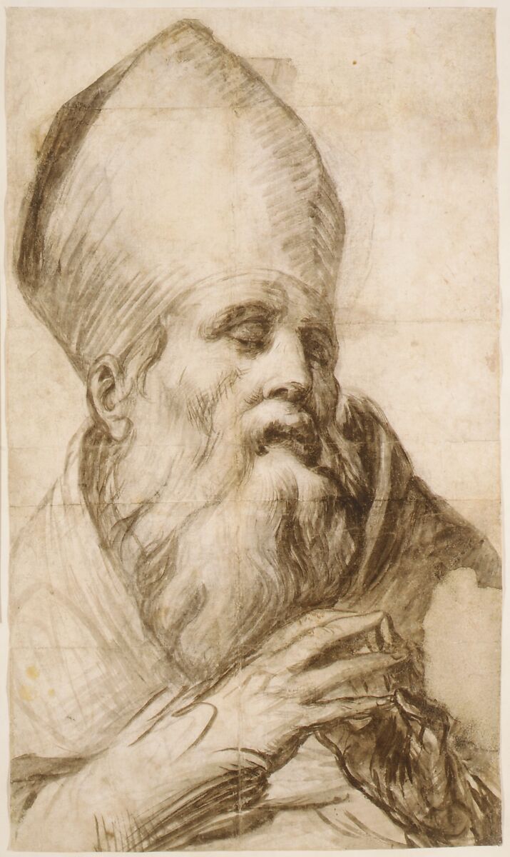 Bishop Saint in Bust-Length (Cartoon for an Altarpiece), Parmigianino (Girolamo Francesco Maria Mazzola) (Italian, Parma 1503–1540 Casalmaggiore), Brush and brown wash over black chalk
