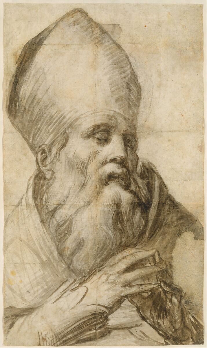 Bishop Saint in Bust-Length (Cartoon for an Altarpiece), Parmigianino (Girolamo Francesco Maria Mazzola) (Italian, Parma 1503–1540 Casalmaggiore), Brush and brown wash over black chalk 