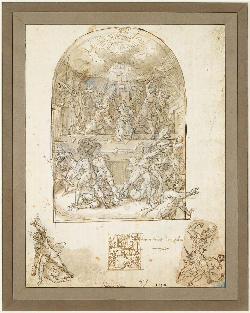 The Martyrdom of St. Catherine, Tiburzio Passarotti (Passerotti) (Italian, Bologna ca. 1555–1612 Bologna), Pen and brown ink, brush and brown wash, some white highlighting, over black chalk