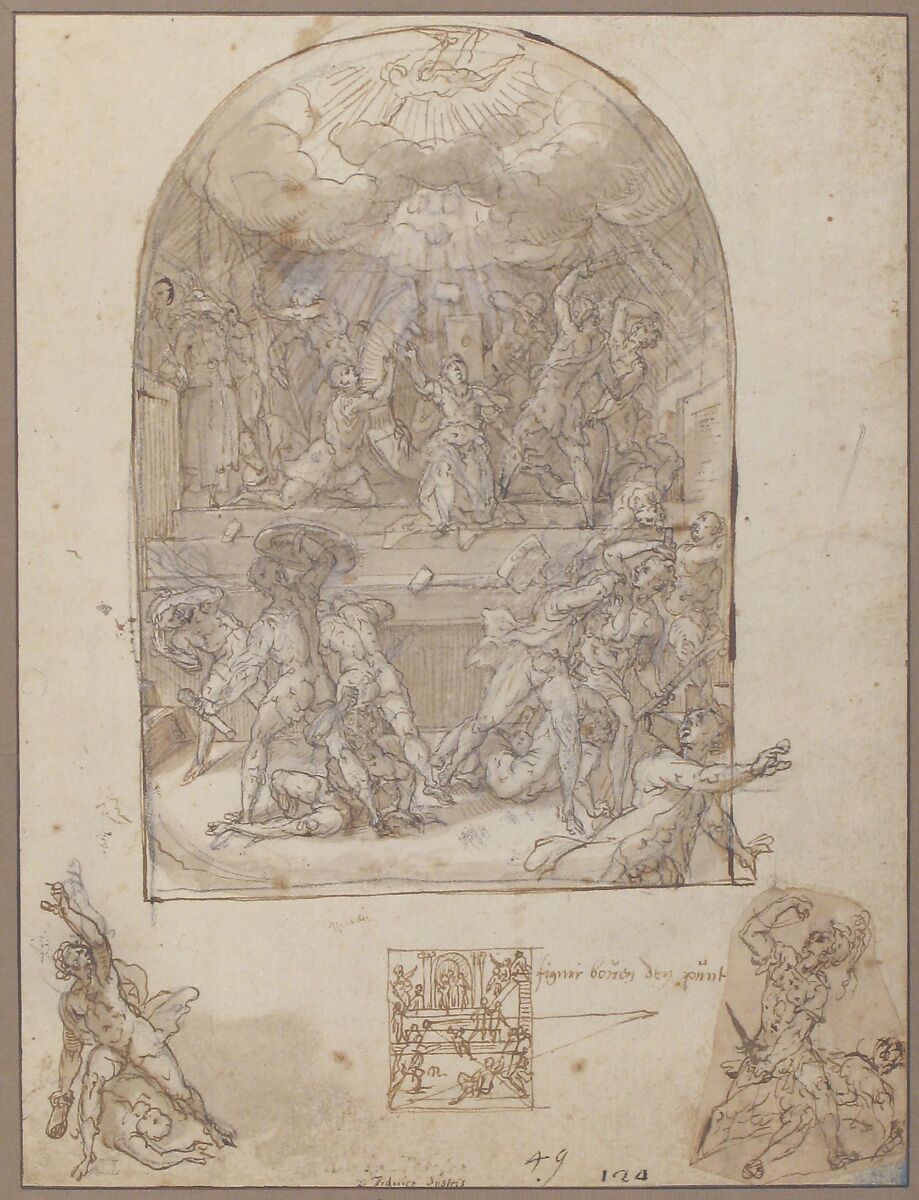 The Martyrdom of St. Catherine, Tiburzio Passarotti (Passerotti) (Italian, Bologna ca. 1555–1612 Bologna), Pen and brown ink, brush and brown wash, some white highlighting, over black chalk