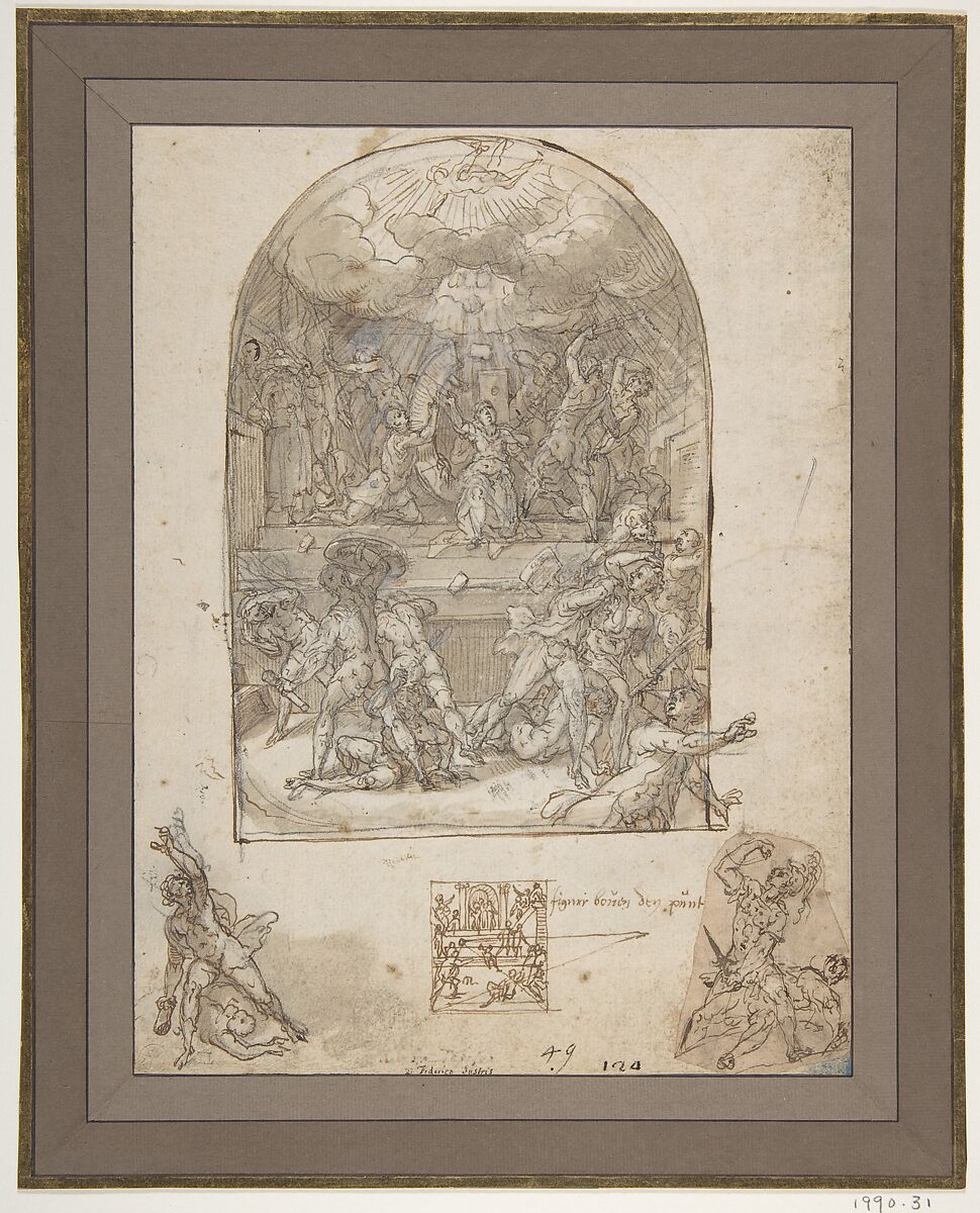 The Martyrdom of St. Catherine, Tiburzio Passarotti (Passerotti) (Italian, Bologna ca. 1555–1612 Bologna), Pen and brown ink, brush and brown wash, some white highlighting, over black chalk 