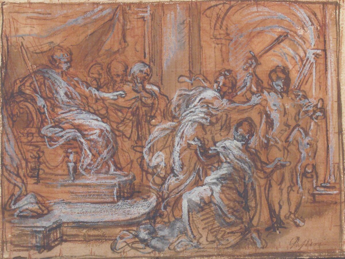 The Judgment of Solomon, Giuseppe Passeri (Passari) (Italian, Rome 1654–1714 Rome), Pen and brown ink, red chalk, brush and red wash, highlighted with white
