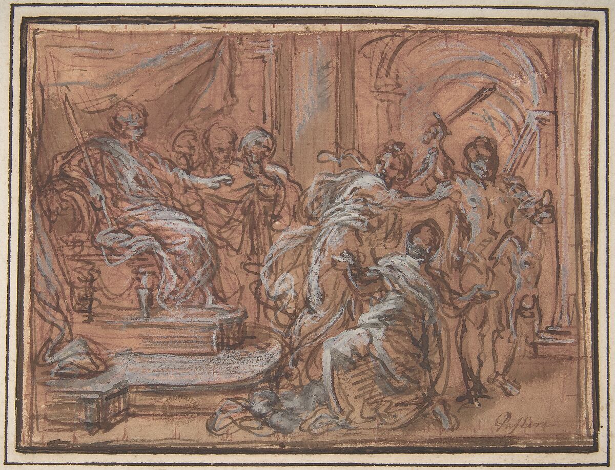 The Judgment of Solomon, Giuseppe Passeri (Passari) (Italian, Rome 1654–1714 Rome), Pen and brown ink, red chalk, brush and red wash, highlighted with white 