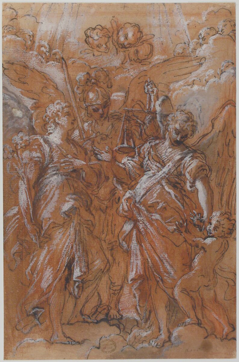 The Archangels Gabriel, Michael and Raphael (recto); sketches of figures (verso), Giuseppe Passeri (Passari) (Italian, Rome 1654–1714 Rome), Pen and brown ink, red chalk, brush and red wash, highlighted with white
