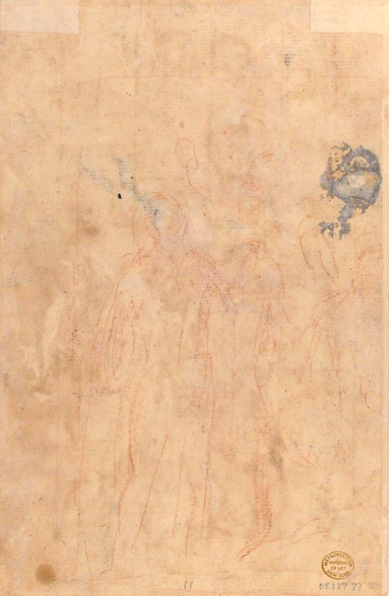 The Archangels Gabriel, Michael and Raphael (recto); sketches of figures (verso), Giuseppe Passeri (Passari) (Italian, Rome 1654–1714 Rome), Pen and brown ink, red chalk, brush and red wash, highlighted with white