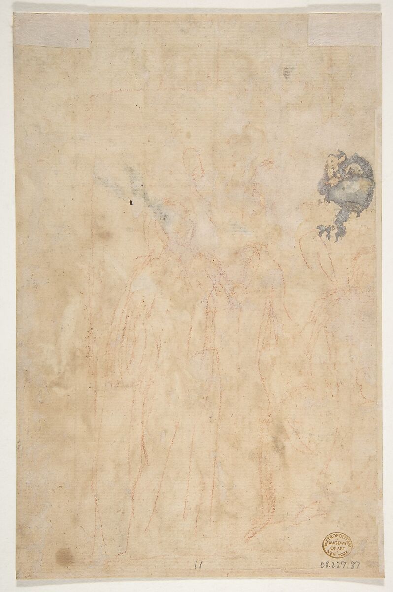The Archangels Gabriel, Michael and Raphael (recto); sketches of figures (verso), Giuseppe Passeri (Passari) (Italian, Rome 1654–1714 Rome), Pen and brown ink, red chalk, brush and red wash, highlighted with white
