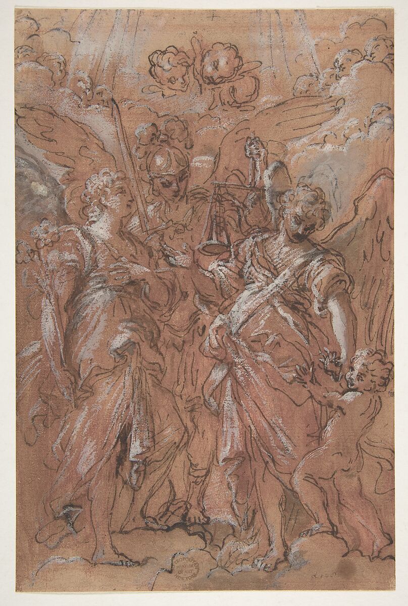 The Archangels Gabriel, Michael and Raphael (recto); sketches of figures (verso), Giuseppe Passeri (Passari) (Italian, Rome 1654–1714 Rome), Pen and brown ink, red chalk, brush and red wash, highlighted with white 