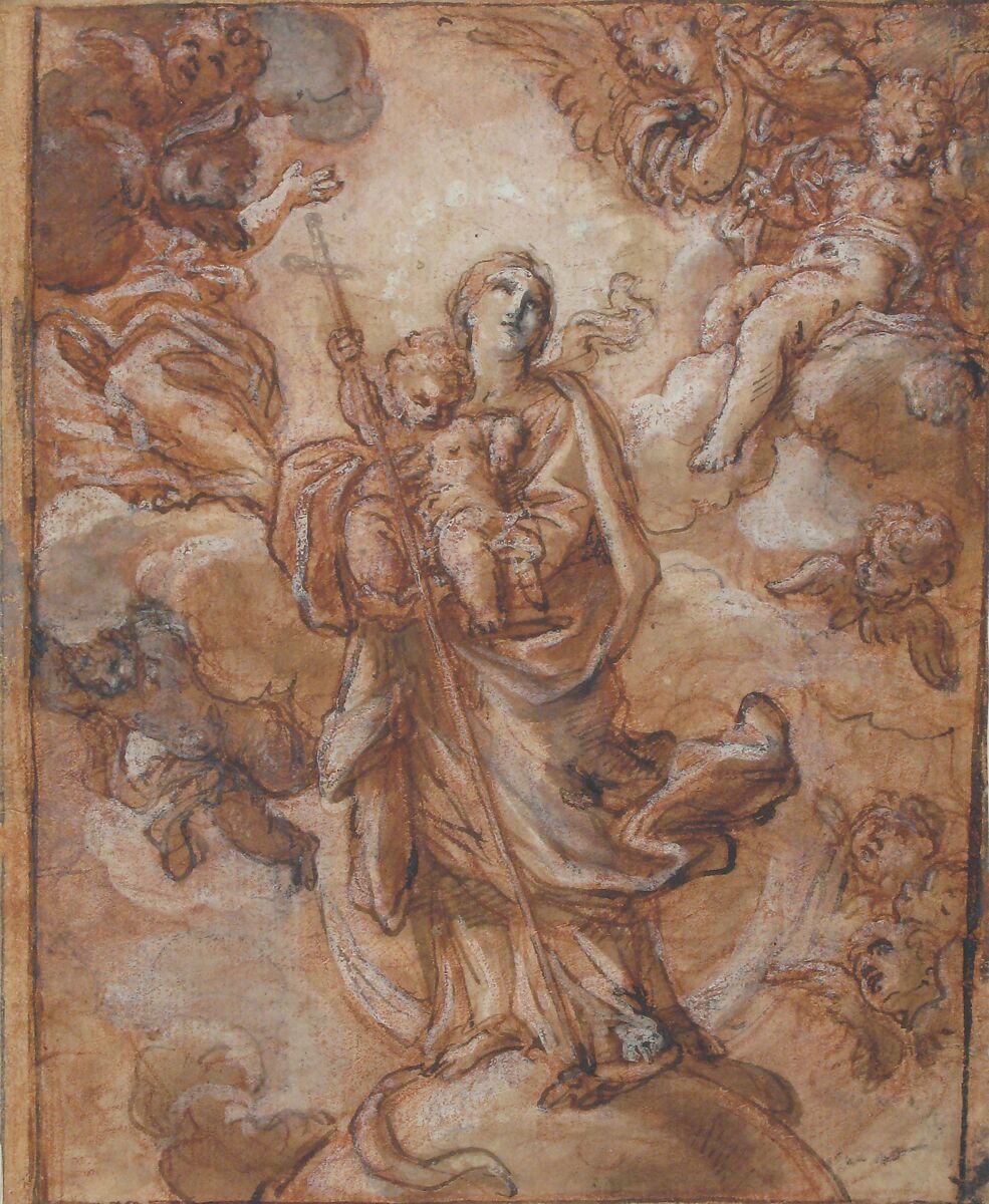 The Virgin Immaculate with the Christ Child in Glory (recto); Rinaldo and Armida (verso), Giuseppe Passeri (Passari) (Italian, Rome 1654–1714 Rome), Pen and brown ink, red chalk, brush and red wash, highlighted with white (recto); pen and brown ink, over red chalk (verso)