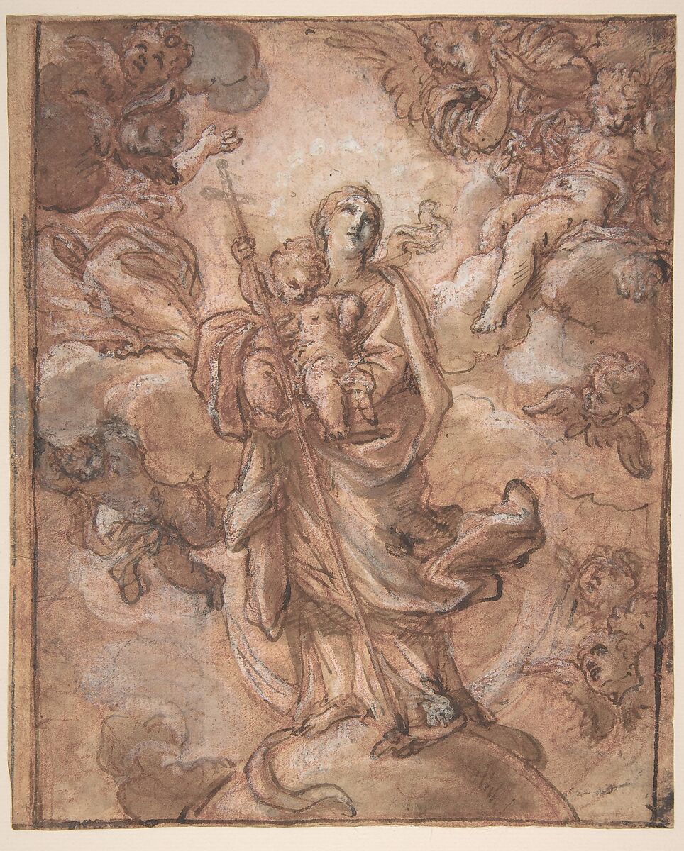 The Virgin Immaculate with the Christ Child in Glory (recto); Rinaldo and Armida (verso), Giuseppe Passeri (Passari) (Italian, Rome 1654–1714 Rome), Pen and brown ink, red chalk, brush and red wash, highlighted with white (recto); pen and brown ink, over red chalk (verso) 