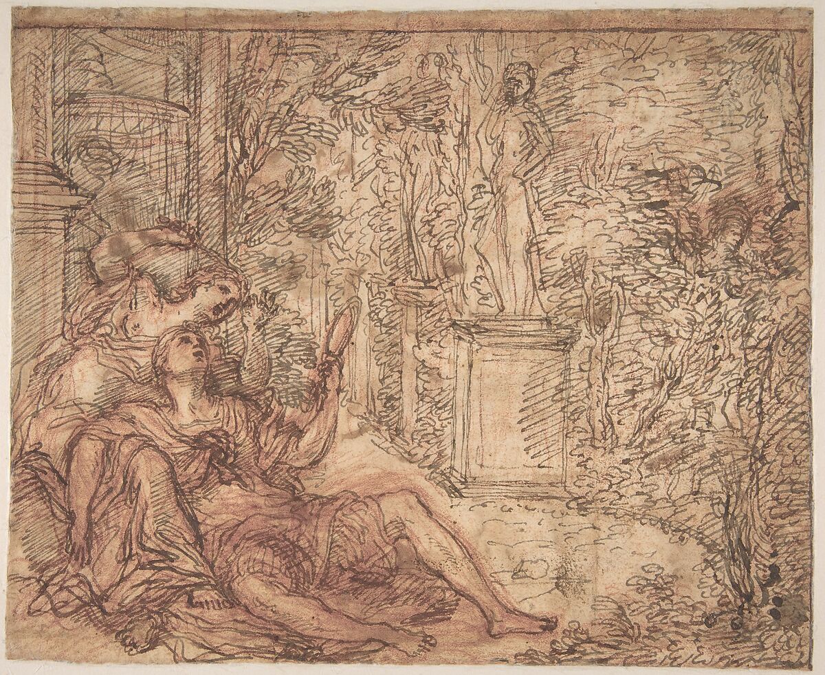 The Virgin Immaculate with the Christ Child in Glory (recto); Rinaldo and Armida (verso), Giuseppe Passeri (Passari) (Italian, Rome 1654–1714 Rome), Pen and brown ink, red chalk, brush and red wash, highlighted with white (recto); pen and brown ink, over red chalk (verso)