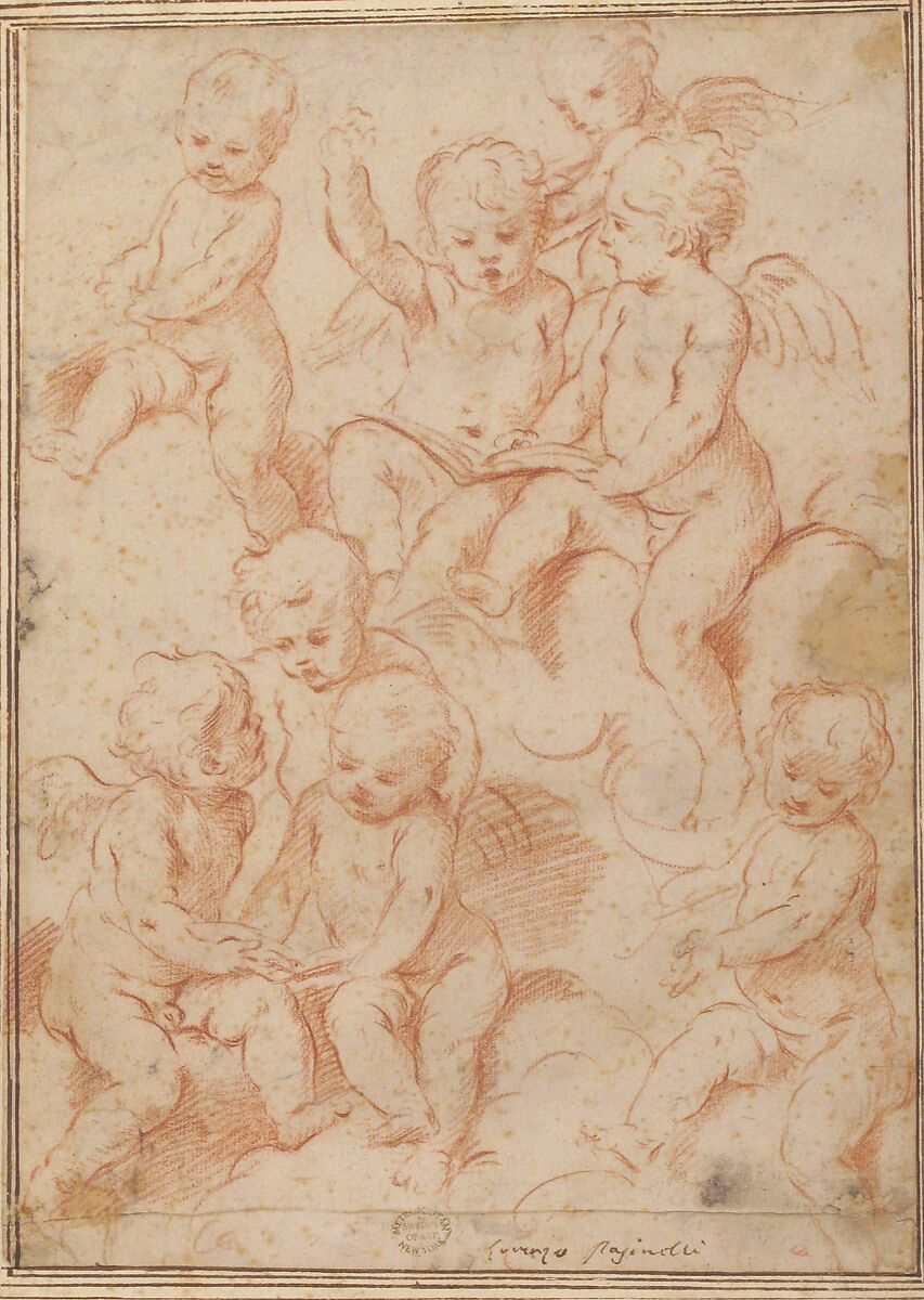 Winged Putti with Open Music Books, Lorenzo Pasinelli (Italian, Bologna 1629–1700 Bologna), Red chalk