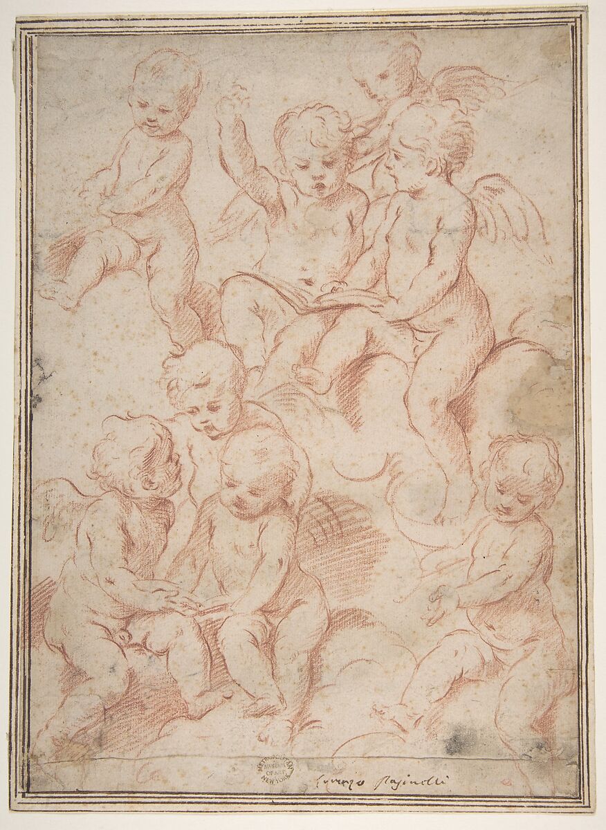 Winged Putti with Open Music Books, Lorenzo Pasinelli (Italian, Bologna 1629–1700 Bologna), Red chalk 