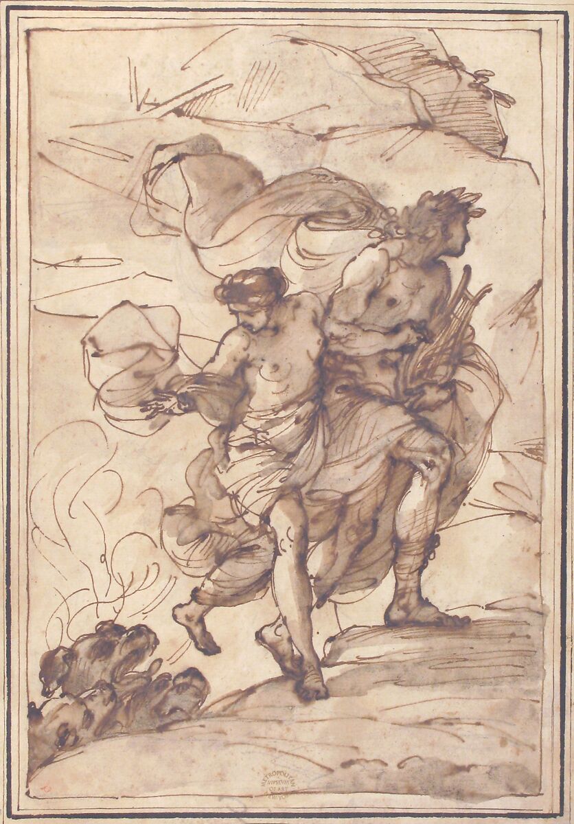 Orpheus and Eurydice, Attributed to Filippo Pedrini (Italian, Bologna 1763–1856 Bologna), Pen and brown ink, brush and brown wash, over black chalk; framing lines in pen and brown ink