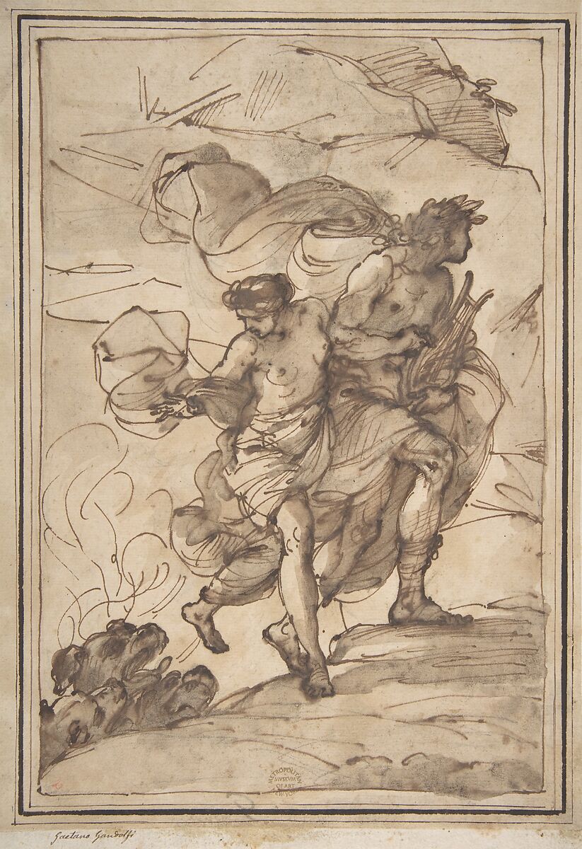 Orpheus and Eurydice, Attributed to Filippo Pedrini (Italian, Bologna 1763–1856 Bologna), Pen and brown ink, brush and brown wash, over black chalk 