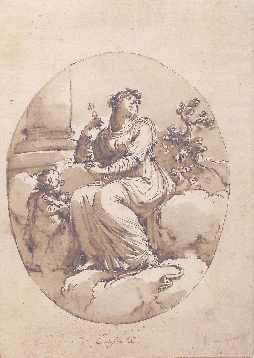 Allegorical Figure of Chastity, Ascribed to Filippo Pedrini (Italian, Bologna 1763–1856 Bologna), Pen and brown ink, brush and brown wash, over graphite