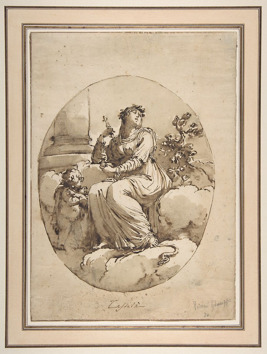 Allegorical Figure of Chastity, Ascribed to Filippo Pedrini (Italian, Bologna 1763–1856 Bologna), Pen and brown ink, brush and brown wash, over graphite 