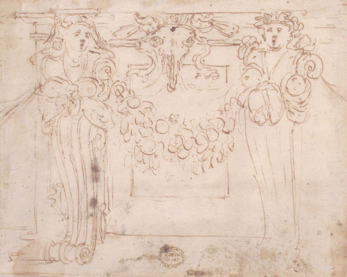 Sketch for a wall panel in the Sala Paolina at Castel Sant' Angelo, Rome, Copy after Perino del Vaga (Pietro Buonaccorsi) (Italian, Florence 1501–1547 Rome), Pen and brown ink