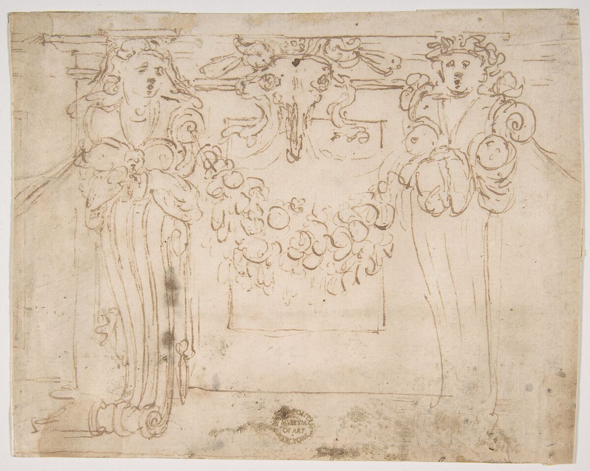 Sketch for a wall panel in the Sala Paolina at Castel Sant' Angelo, Rome, Copy after Perino del Vaga (Pietro Buonaccorsi) (Italian, Florence 1501–1547 Rome), Pen and brown ink 