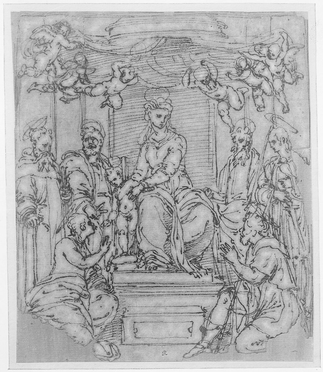 Virgin and Child Enthroned with Saint Anthony Abbot, Saint Peter, Saint Paul, Saint Julian the Hospitaler, Saint Roch, and Saint Mary Magdalen?, Perino del Vaga (Pietro Buonaccorsi) (Italian, Florence 1501–1547 Rome), Pen and brown ink, highlighted with white gouache, on brownish paper