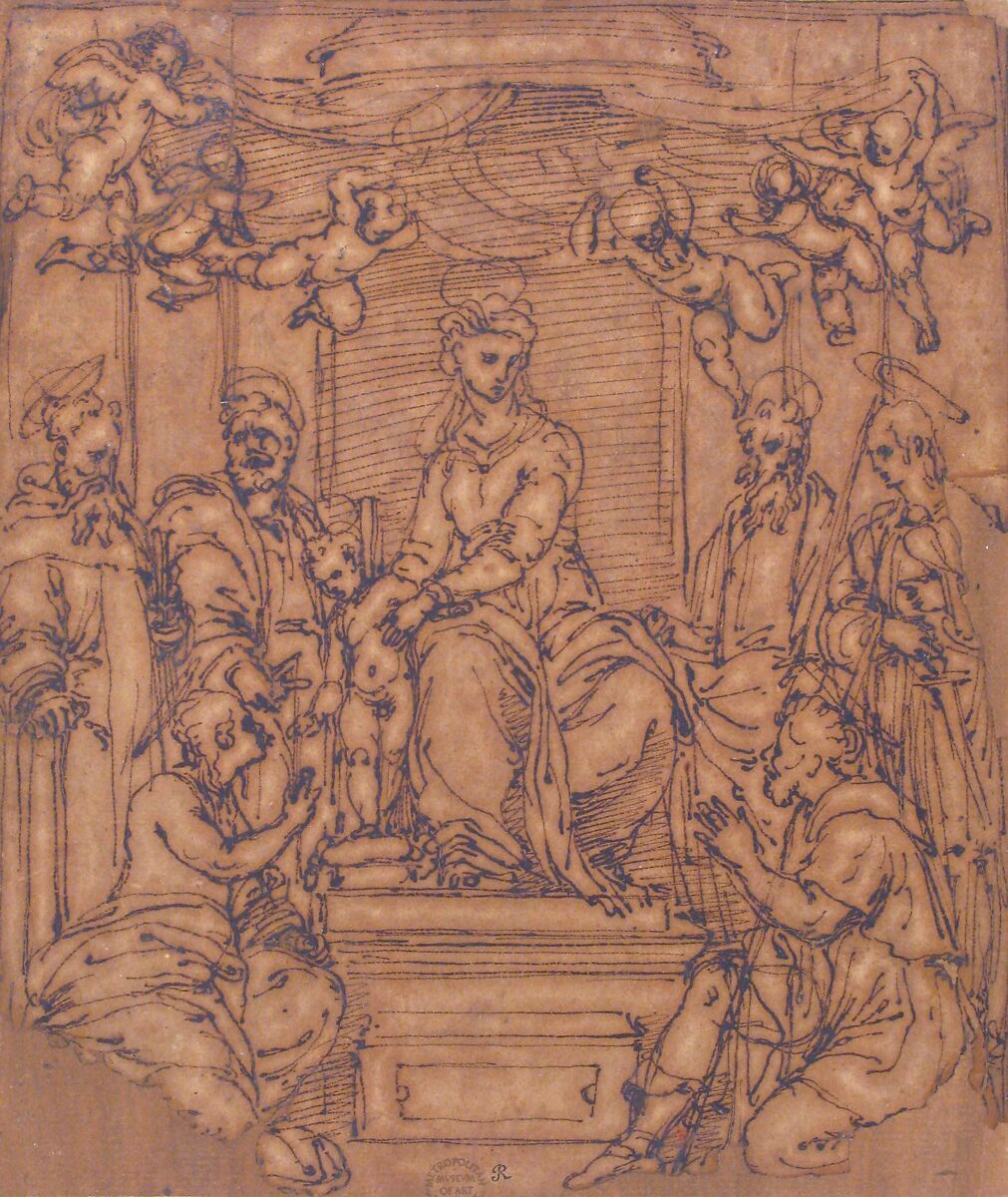 Virgin and Child Enthroned with Saint Anthony Abbot, Saint Peter, Saint Paul, Saint Julian the Hospitaler, Saint Roch, and Saint Mary Magdalen?, Perino del Vaga (Pietro Buonaccorsi) (Italian, Florence 1501–1547 Rome), Pen and brown ink, highlighted with white gouache, on brownish paper