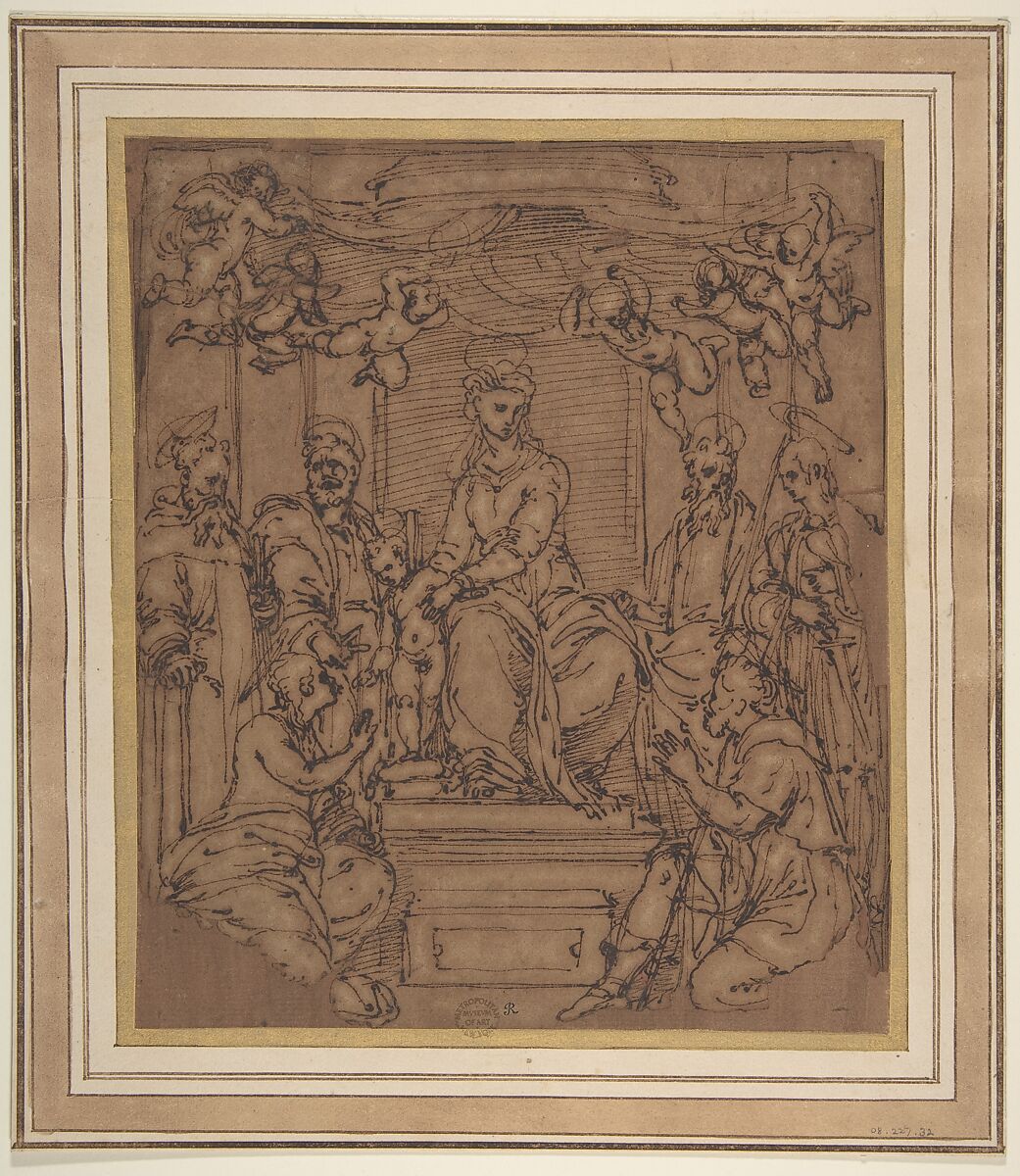 Virgin and Child Enthroned with Saint Anthony Abbot, Saint Peter, Saint Paul, Saint Julian the Hospitaler, Saint Roch, and Saint Mary Magdalen?, Perino del Vaga (Pietro Buonaccorsi) (Italian, Florence 1501–1547 Rome), Pen and brown ink, highlighted with white gouache, on brownish paper 