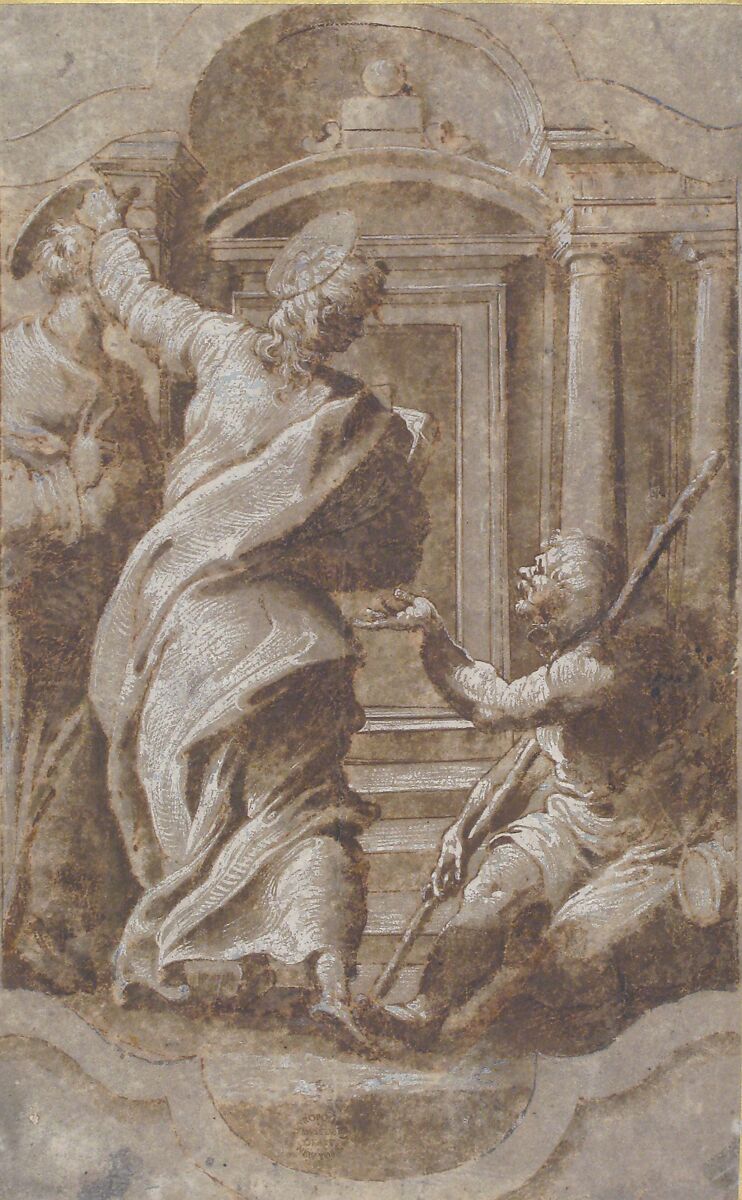 Saints Peter and John Healing a Cripple at the Gate of the Temple, after Perino del Vaga (Pietro Buonaccorsi) (Italian, Florence 1501–1547 Rome), Pen and brown ink, brush and brown wash, highlighted with white gouache, on brownish paper