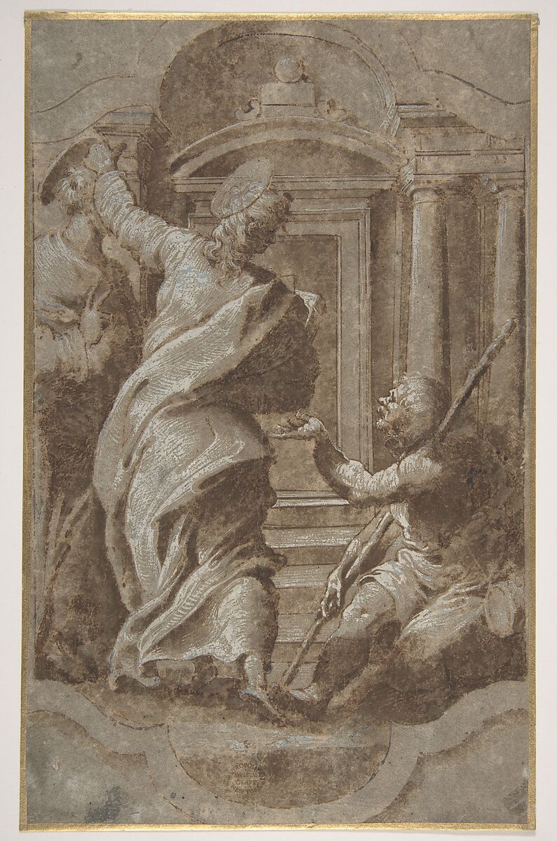 Saints Peter and John Healing a Cripple at the Gate of the Temple, after Perino del Vaga (Pietro Buonaccorsi) (Italian, Florence 1501–1547 Rome), Pen and brown ink, brush and brown wash, highlighted with white gouache, on brownish paper 