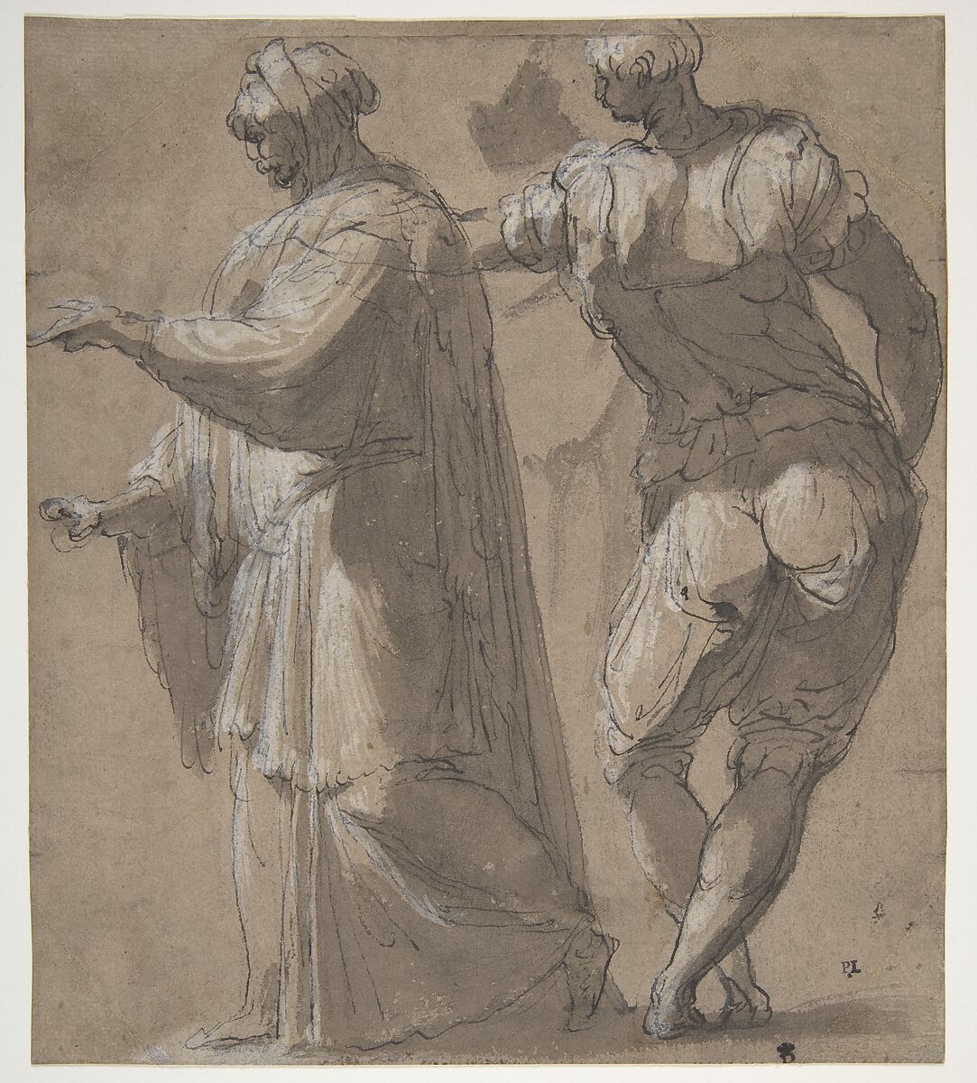 Two Standing Male Figures, Perino del Vaga (Pietro Buonaccorsi) (Italian, Florence 1501–1547 Rome), Pen and dark brown ink, brush and brown wash, highlighted with white gouache, over traces of black chalk, on brownish paper 