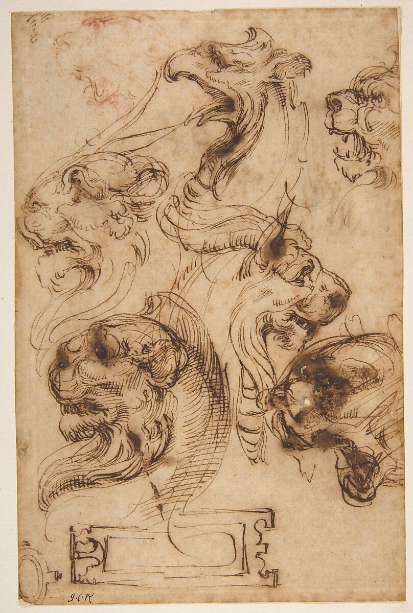 Six Studies of Animal Heads and of a Cartouche, Pellegrino Tibaldi  Italian, Pen and brown ink, with head in upper left corner drawn in red chalk