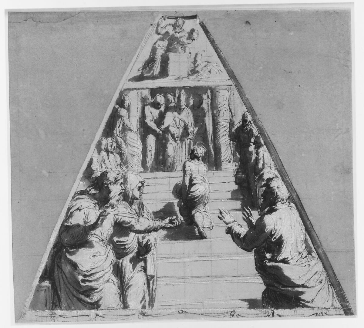Presentation of the Virgin in the Temple (below), Abraham about to Sacrifice Isaac (above), Perino del Vaga (Pietro Buonaccorsi) (Italian, Florence 1501–1547 Rome), Pen and brown ink, brush and brown wash, highlighted with white gouache, squared in black chalk, on brownish paper. The empty triangular corners are tinted in gray-green wash, the right diagonal border tinted in gray wash